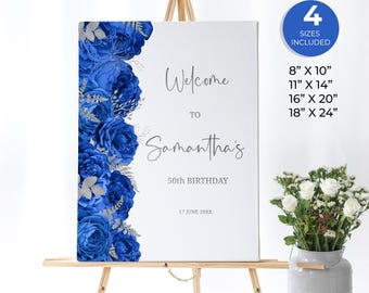 Royal Blue and Silver Floral Welcome Sign, Birthday Welcome Poster, Surprise Birthday Custom Sign, Editable Birthday Sign, FL52