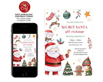 May include: A festive Christmas invitation with a watercolor illustration of Santa Claus, a snowman, a gingerbread person, and an elf. The invitation text reads "You are invited to a Secret Santa gift exchange, Saturday, December 10, 2:00pm - 4:00pm, 563 Elfwood Avenue, San Francisco, CA. RSVP by December 1 to Anne at 865-862-4562 or email secretsanta@gmail.com."