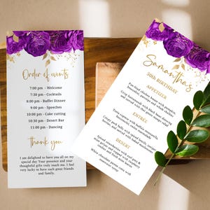 Programa de aniversário com flores roxas e douradas, modelo de programa de aniversário, cardápio, ordem dos eventos, cartão de agradecimento, download instantâneo, Q02