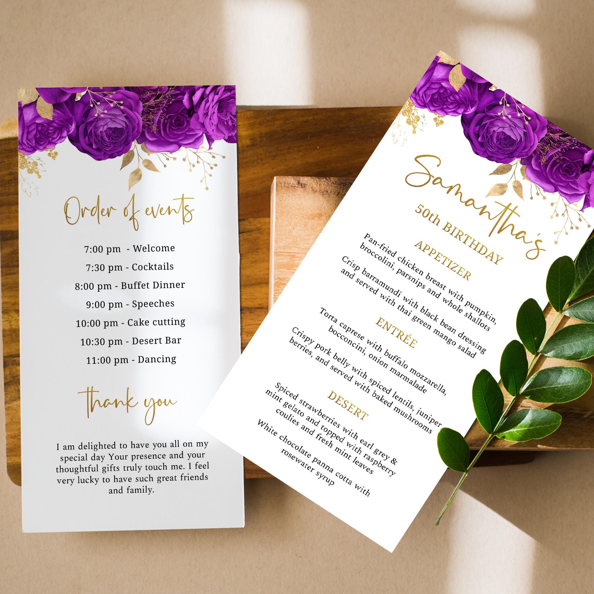 Purple and Gold Floral Birthday Program, Birthday Program Template, Menu, Order of Events, Thank You Card, Instant Download, Q02 - Etsy purple-and-gold-floral-birthday-program-birthday-program-template-menu-order-of-events-thank-you-card-instant-download-q02-etsy