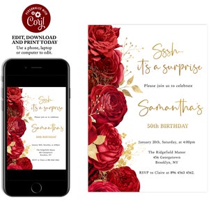 Red and Gold Floral Birthday Invitation, Birthday Invitations for Women, Surprise Birthday, Editable Birthday Invite, Instant Download, FL12
