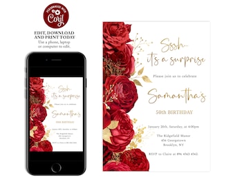 Red and Gold Floral Birthday Invitation, Birthday Invitations for Women, Surprise Birthday, Editable Birthday Invite, Instant Download, FL12