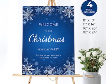 May include: A blue Christmas party sign on an easel, featuring white snowflake designs and the words "Welcome to our Christmas Holiday Party." Includes size options: 8" x 10", 11" x 14", 16" x 20", and 18" x 24".