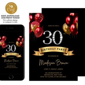 30th birthday invitation for women, red and gold birthday invitation, adult birthday invitation, balloons invitation, instant download, BL05