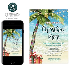 Sjabloon tropische kerstfeest uitnodiging, strand kerstuitnodiging, uitnodiging palmboom, zomerkerst, instant download
