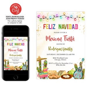Mexican Christmas Invite, Mexican Holiday Fiesta invitation, Feliz Navidad Invitation Template, Mexican Food, Cactus, Instant Download