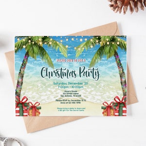 Sjabloon tropische kerstfeest uitnodiging, strand kerstuitnodiging, uitnodiging palmboom, zomerkerst, instant download