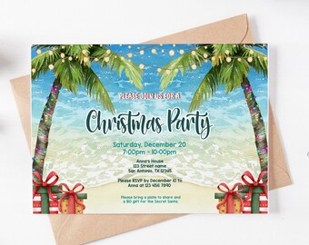Tropical Christmas Party Invitation Template, Beach Christmas Invitation, Palm Tree Invitation, Summer Santa, Instant Download