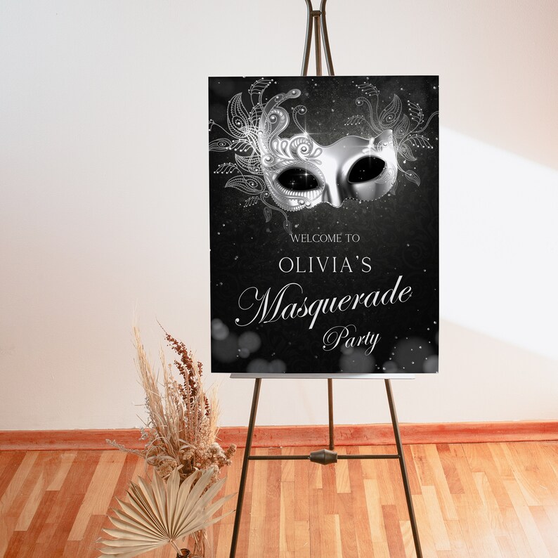 Silver Masquerade Party Welcome Sign, Masquerade Poster Sweet 16, Mardi ...