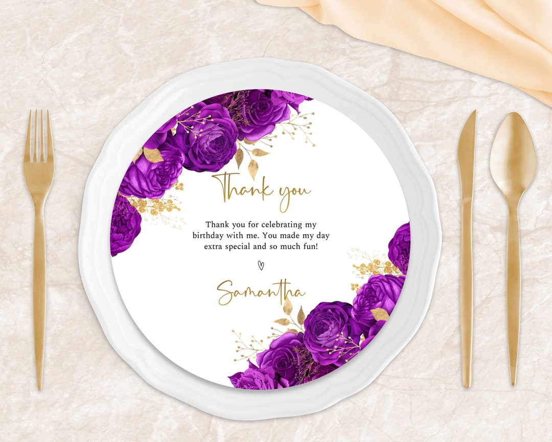 Purple and Gold Charger Plate Insert, Birthday Floral Charger Plate