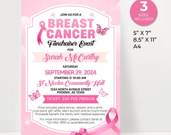 Editable Breast Cancer Fundraiser Flyer, DIY Pink Cancer Benefit Flyer Template, Pink Flyer Instant Download, Breast Cancer Awareness