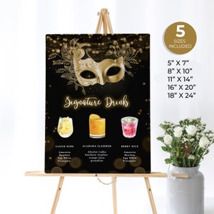 Gold und Schwarz Masquerade Bar Menü Schild, Mardi Gras Signature Drinks Schild, Maskenball Menü Bar, Cocktailkarte, Maskerade Poster
