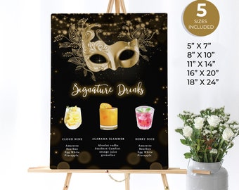 Gold and Black Masquerade Bar Menu Sign, Mardi Gras Signature Drinks Sign, Masquerade Ball Menu Bar, Cocktail Menu, Masquerade Poster