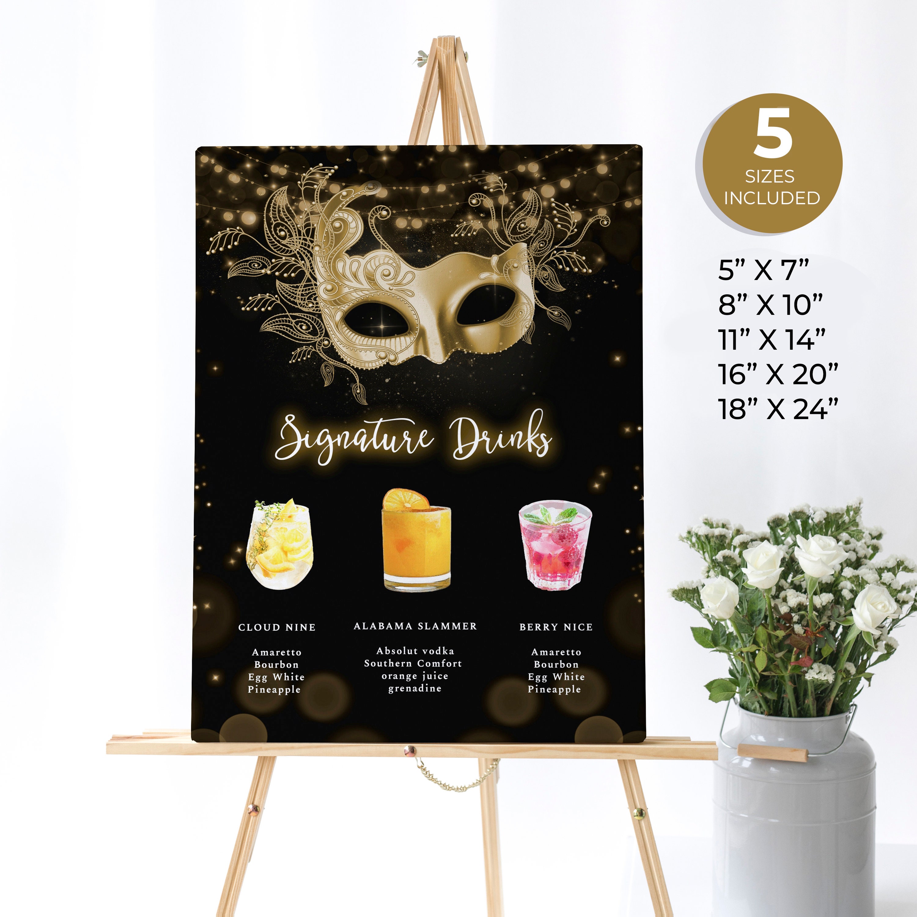 Gold and Black Masquerade Bar Menu Sign, Mardi Gras Signature