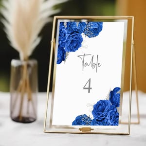 Royal Blue and Silver Floral Table Number Template, Printable Royal Blue Table Number, Birthday Table Sign, Instant Download, FL52