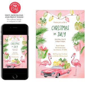 Christmas In July Party Invitation, Summer Party Invite, Editable Template Holiday invitation, Flamingo, Pink Car, Tropical Party Invitation