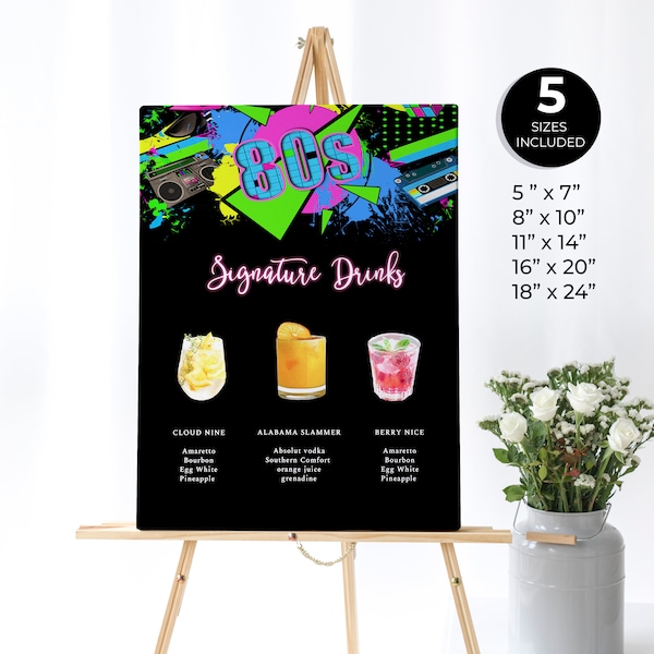 80s Bar Menu Sign, Signature Drinks Sign, Chalkboard Design Menu Bar, Cocktail Menu, Back to the 80s Menu Sign, Black Bar Menu Design