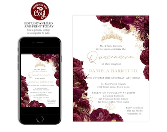 Burgundy and gold quinceanera invitation, floral quince anos, 15th birthday invitation, birthday invitation for women, gold crown, Q06