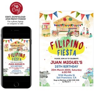 Convite de aniversário filipino, festa filipina, convite de buffet filipino, Bahay Kubo, Jeepney, convite do Dia da Independência das Filipinas