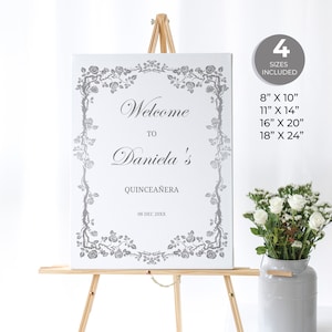 Silver welcome sign, white and silver quinceanera custom sign sign, quince anos, birthday welcome sign, 15th birthday, instant download, Q49