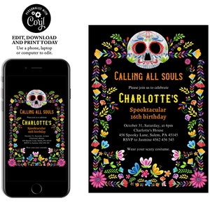 Day of the Dead Invitation, Dia De Los Muertos, Skull Party Halloween Invitation, Dia De Los Muertos Party, Mexican Fiesta