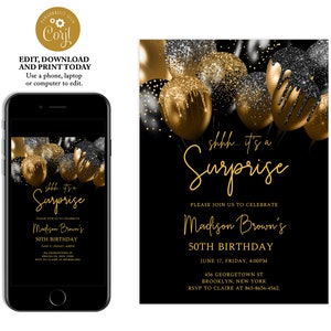 Black and gold birthday invitation, birthday invitations for women, Surprise birthday invitation, adult birthday invitation