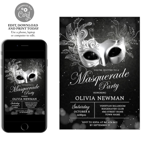 Invitation à une fête d’anniversaire masquée noire et argentée, bal de fin d’année masqué, anniversaire de Mardi Gras, invitation à une fête d’anniversaire, bal masqué