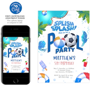 Soccer Pool Party Invitation, Pool Birthday Invitation Boy, Soccer Birthday, Sports Summer Pool Party Template, Instant Download, PP03