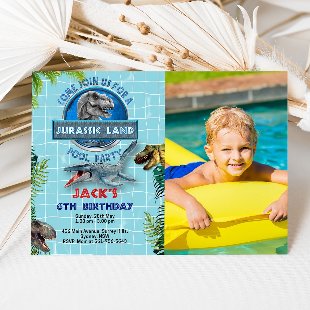 Dinosaur Pool Party Invitation With Photo, Jurassic Dinosaur Birthday