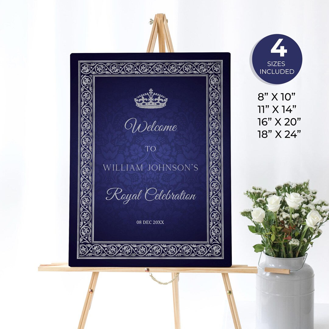 Royal Birthday Party Welcome Sign, King, Queen, Navy Blue and Silver ...
