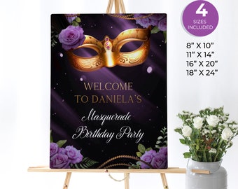 Könnte beinhalten: Lila und goldenes Maskenball-Geburtstags-Willkommenszeichen mit einer goldenen Maske, lila Blumen und goldenen Perlen. Das Schild lautet "Willkommen zur Maskenball-Geburtstagsfeier von Daniela".