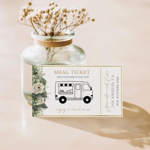 Plantilla de boletos para food truck moderna en verde salvia y dorado, vales para comida de boda minimalistas, boletos para food truck, fichas para comida de boda, tarjetas de fiesta