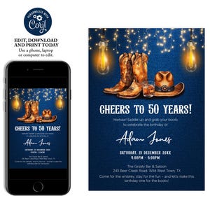 Boots & Whiskey Western Birthday Party Invitation, Country Rustic Cowboy Invite, Blue Jeans Men Invite, Adult Birthday Invite, Wild West