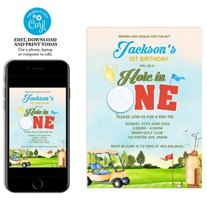 Hole in One Birthday Invitation, Editable Golf First Birthday Invitation Template, Printable Hole in One Invite, Boy First Birthday Party