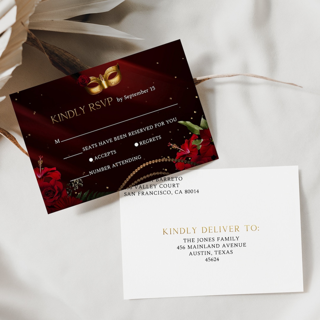 Masquerade Birthday Party Rsvp Card Template, Red Roses Birthday Party ...