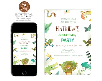 May include: A green, white, and brown invitation with a jungle theme. The invitation says "Matthew's 3rd birthday party" and includes the date, time, and location. It also says "Slither, hop, crawl or slide on over to" and has a variety of jungle animals including a snake, a turtle, a lizard, and a dragonfly.
