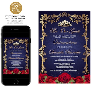 Navy blue, red and gold quinceanera invitation, floral quince anos, 15th birthday invitation, birthday invitation for women, gold crown, Q27