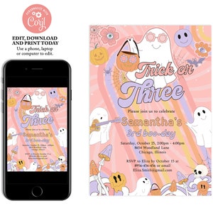 Truco o tres invitación de Halloween, Chica de invitación de 3er cumpleaños fantasma, Cumpleaños retro groovy, Halloween hippie, Invitación de truco o trato, SK8