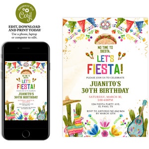 Fiesta Birthday Party Invitation, Mexican Theme Party Printable Invite, No time to Fiesta, Let Fiesta birthday invitation, Cactus Invite