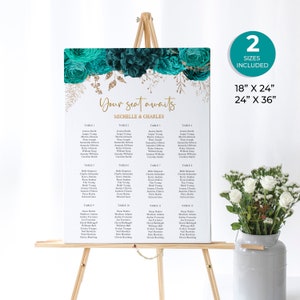 Blauwgroen en goudkleurig bord met bloemen, stoelentabel groenblauw bloemen, Turquoise verrassingsverjaardag aangepast bord, bewerkbaar verjaardagsbord, FL37
