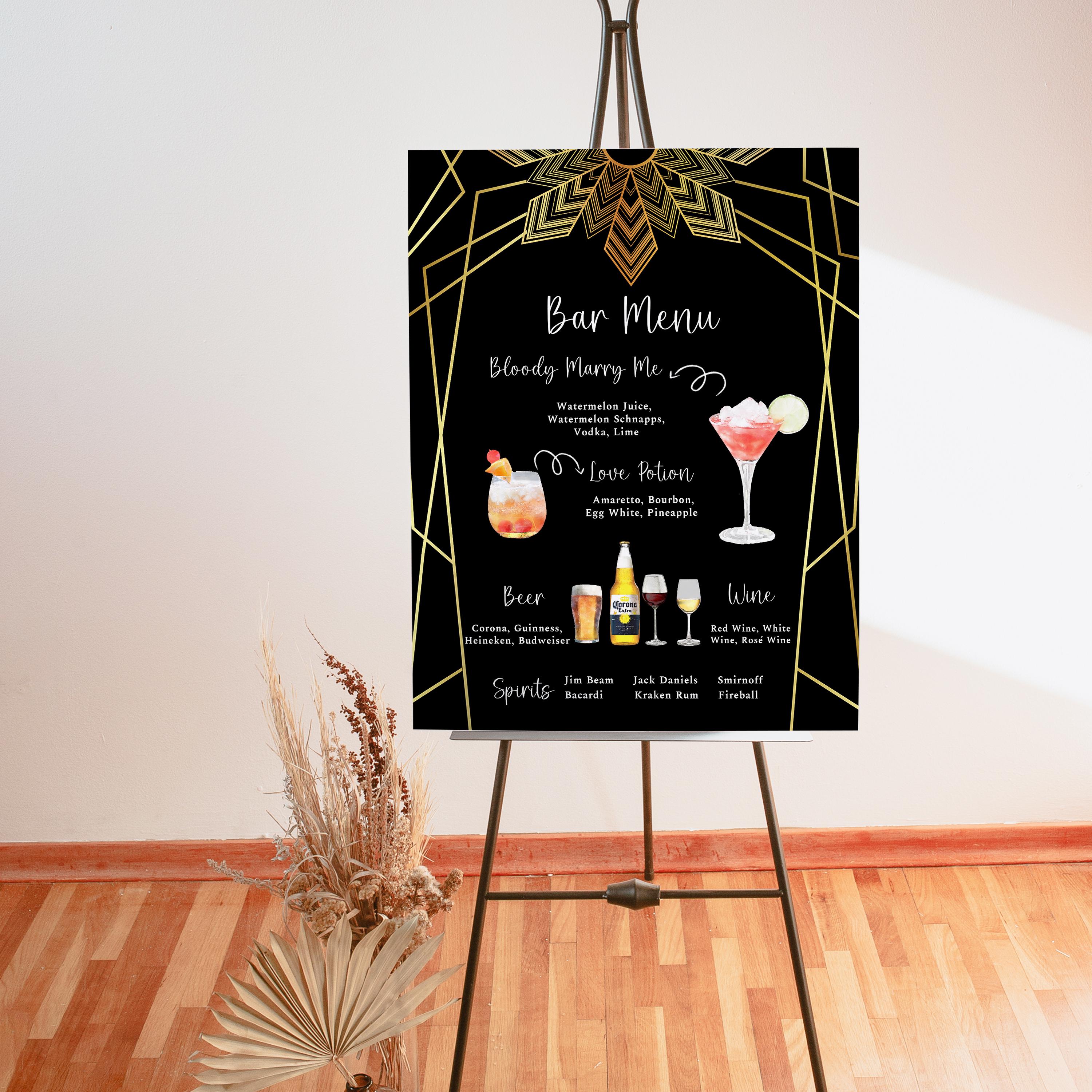 Gatsby Bar Menu Sign, Signature Drinks Sign, Cocktail Menu, Roaring 20 ...