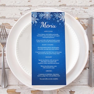 Szablon menu Snowflakes, Wydrukuj menu zimowe, Zimowa kraina czarów, Menu świąteczne, Menu bożonarodzeniowe, Menu niebiesko-białe, Menu wydarzeń śnieżnych, WN01