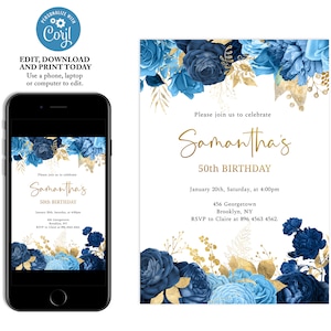 Blue and Gold Floral Birthday Invitation, Navy Blue Invitation Digital, Adult Birthday Party, Girl Party Invitation, Instant Download, FL01