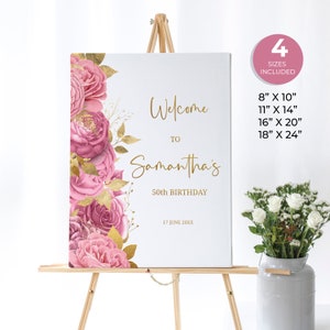 Pink and Gold Floral Welcome Sign, Birthday Welcome Poster, Surprise Birthday Custom Sign, Editable Birthday Sign, FL05
