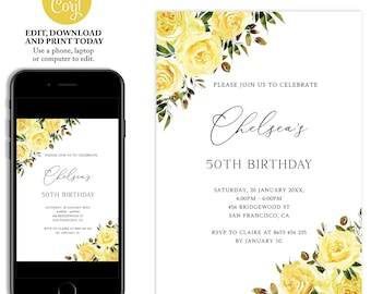 Invitación de cumpleaños floral amarilla, invitación de cumpleaños para mujeres, flores amarillas, invitación de cumpleaños editable, descarga instantánea, FL35