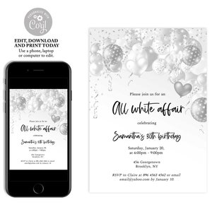 White Party Invitation, All White Affair Invitation, All White Birthday, White Party Flyer, Classy All White Party, Instant Download, BL16