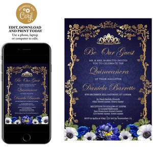 Navy blue and gold quinceanera invitation, floral quince anos, 15th birthday invitation, birthday invitation for women, gold crown, Q31