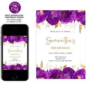 Lila und Gold Blumen Geburtstagseinladung, Geburtstagseinladungen für Frauen, Überraschungs-Geburtstag, Gold Glitter, bearbeitbare Geburtstag einladen, FL10