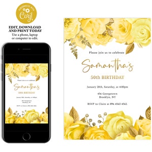 Yellow and Gold Floral Birthday Invitation, Birthday Invitation for Women, Yellow Flowers, Editable Birthday Invite, Instant Download, FL23