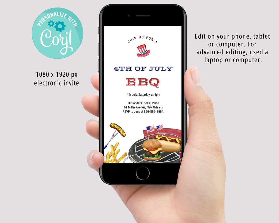 Memorial Day BBQ Mobile Invitation, 4th of July BBQ Electronic Invite ...